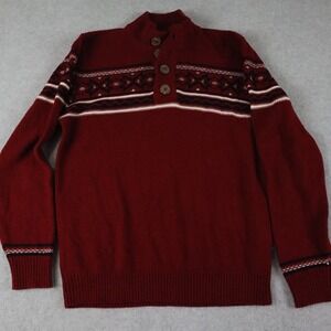 i Jeans by‎ Buffalo Sweater Mens Large 1/4 Button Pullover Knit Red Long Sleeve